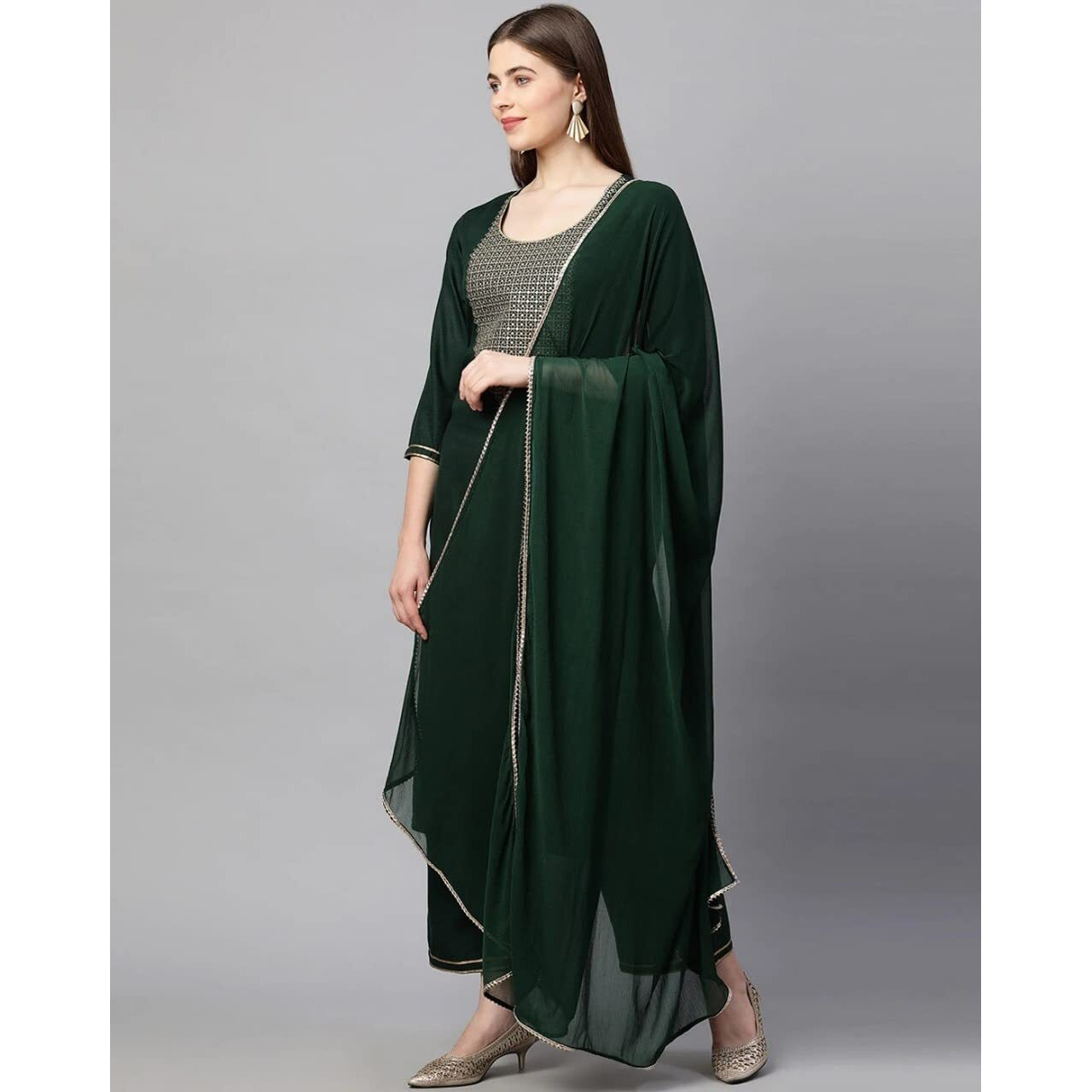 ANNI DESIGNER Women's Ruby Cotton Solid Straight Kurti with Palazzos & Dupatta Set (Label Green-NWST_S_Dark Green_Small)