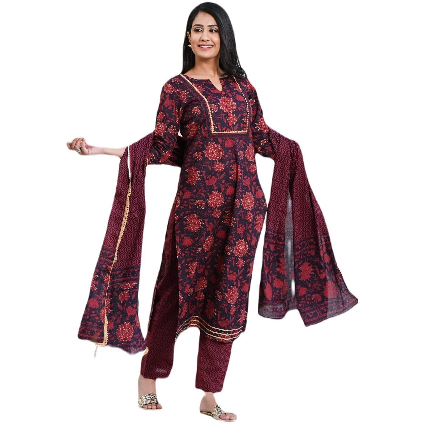 ANNI DESIGNER Women's Cotton Blend Straight Printed Kurta with Pant & Dupatta (Rapat Wine_M_Wine_Medium)