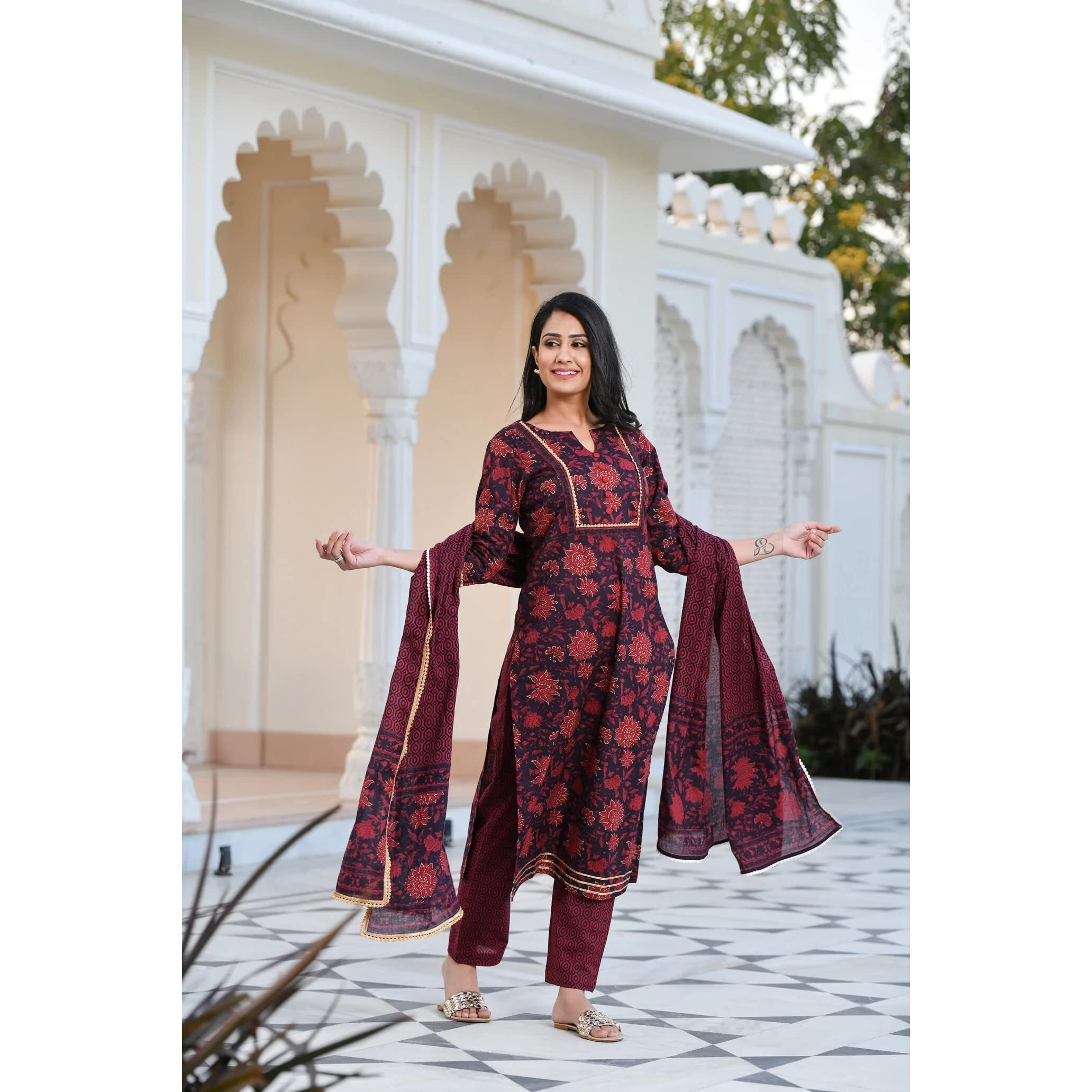 ANNI DESIGNER Women's Cotton Blend Straight Printed Kurta with Pant & Dupatta (Rapat Wine_M_Wine_Medium)