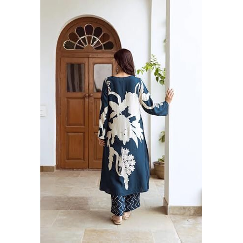 ANNI DESIGNER Women's Cotton Blend Straight Printed Kurta with Palazzo (Cukari Blue_L_Blue_Large)