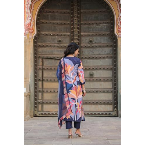 ANNI DESIGNER Women's Cotton Blend Straight Printed Kurta with Pant & Dupatta (KHISSU NAVY BLUE_S_Navy Blue_Small)