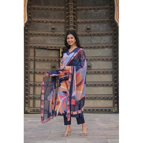 ANNI DESIGNER Women's Cotton Blend Straight Printed Kurta with Pant & Dupatta (KHISSU NAVY BLUE_S_Navy Blue_Small)