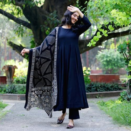 ANNI DESIGNER Women's Rayon Blend Solid Anarkali Kurta with Pant & Dupatta (Friday Blue_XXL_Blue_XX-Large)