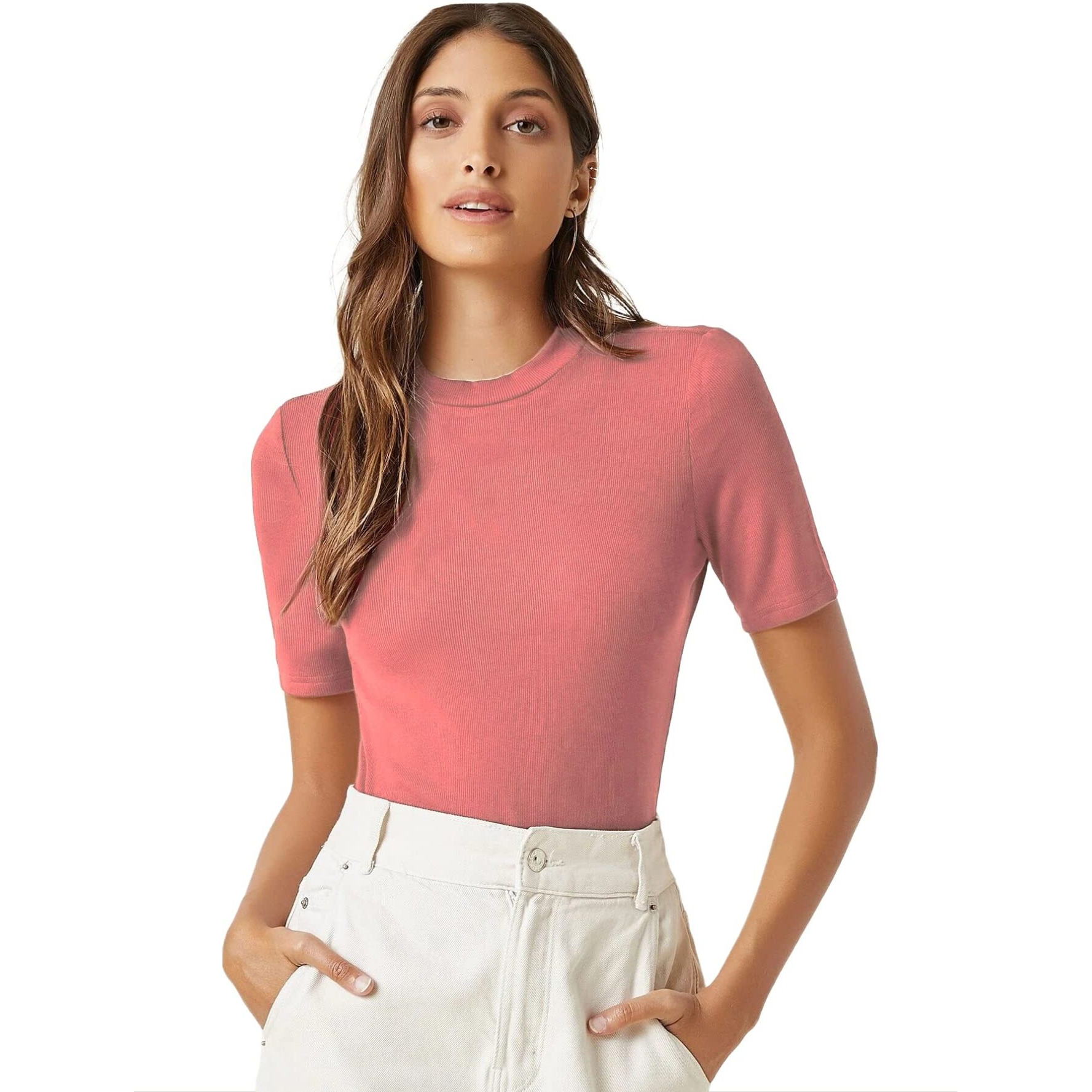 ANNI DESIGNER Women's Cotton Belnd Lycra Ribbed Solid Half Sleeve Round Neck Top (NTPR-Peach_XXL_Peach_XX-Large)