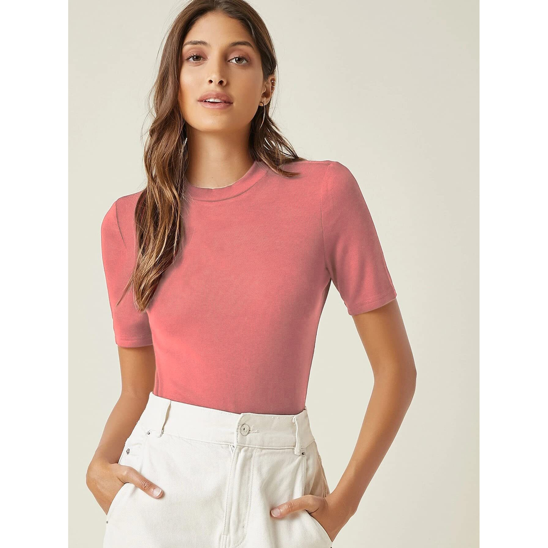 ANNI DESIGNER Women's Cotton Belnd Lycra Ribbed Solid Half Sleeve Round Neck Top (NTPR-Peach_XXL_Peach_XX-Large)