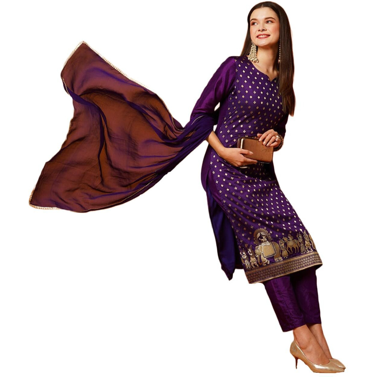 ANNI DESIGNER Women's Cotton Blend Straight Embellished Kurta with Pant & Dupatta (Jodha Violet_L_Violet_Large)