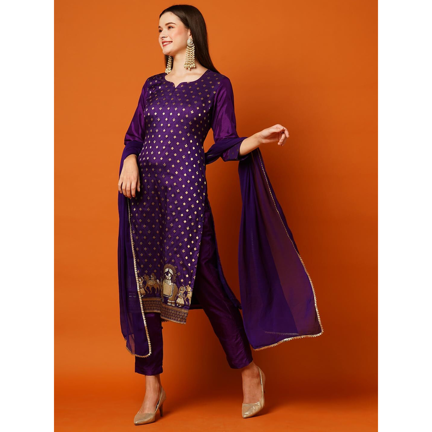ANNI DESIGNER Women's Cotton Blend Straight Embellished Kurta with Pant & Dupatta (Jodha Violet_L_Violet_Large)