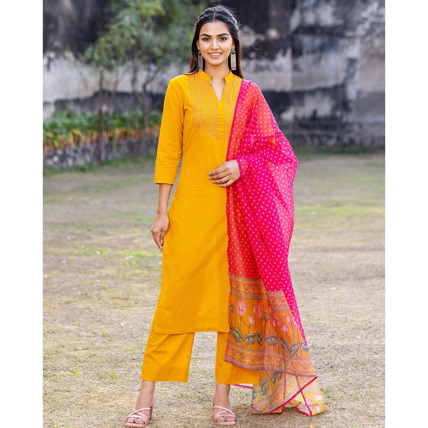 ANNI DESIGNER Women's Cotton Blend Straight Printed Kurta with Pant & Dupatta (Devanshi-Yellow_L_Yellow_Large)