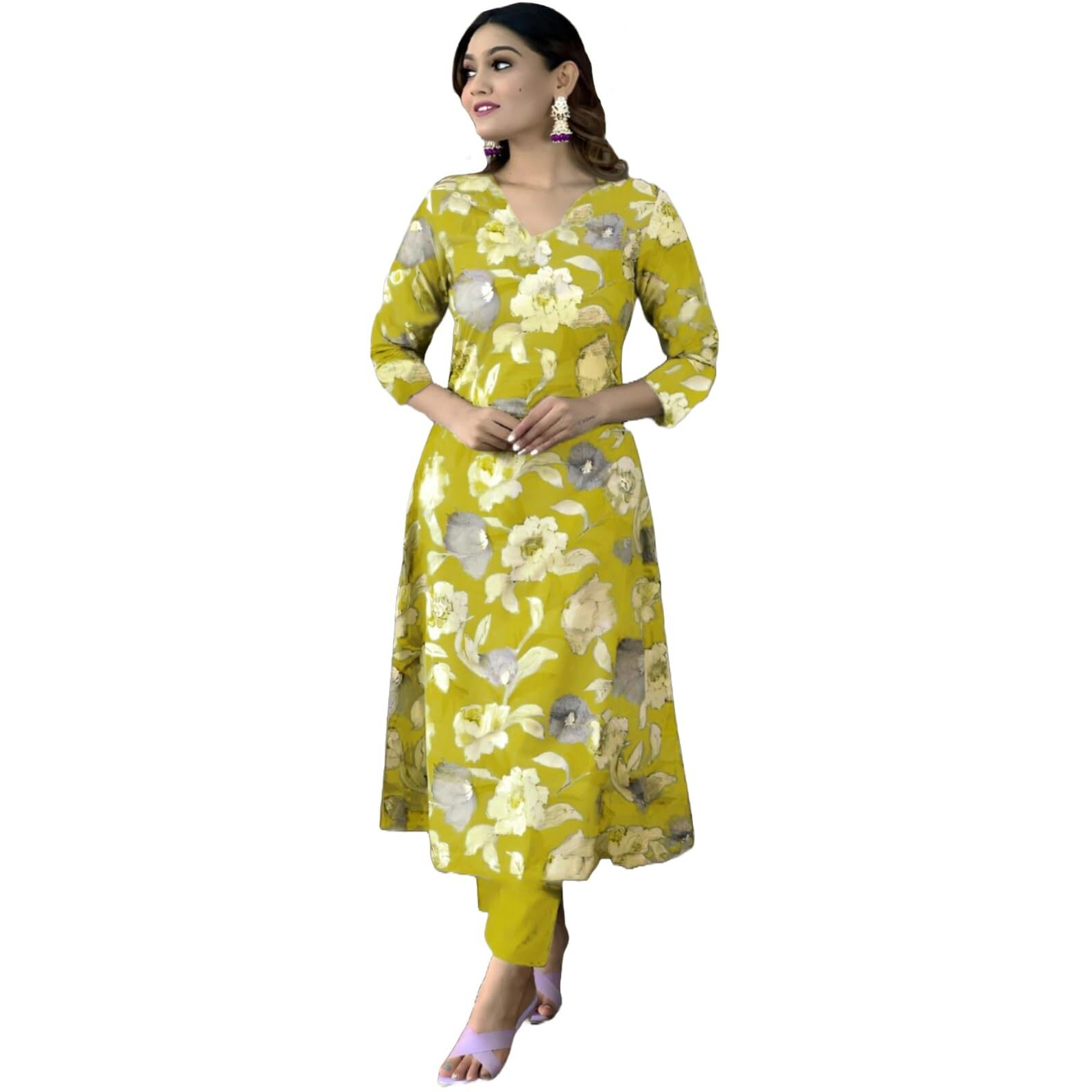 ANNI DESIGNER Women's Cotton Blend Straight Printed Kurta with Pant (DHUN Lemon_S_Lemon_Small)