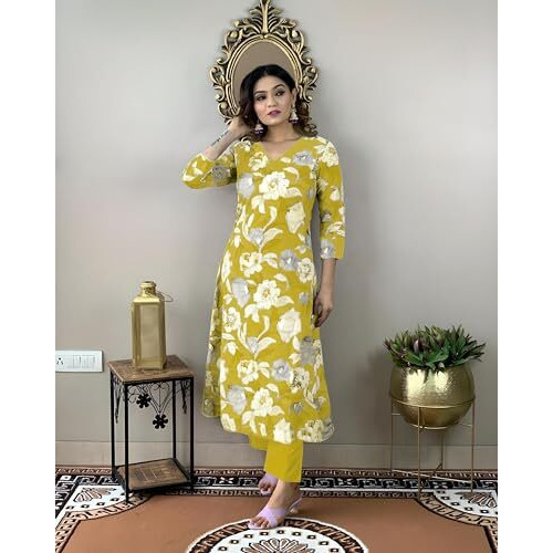 ANNI DESIGNER Women's Cotton Blend Straight Printed Kurta with Pant (DHUN Lemon_S_Lemon_Small)