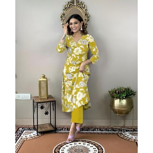 ANNI DESIGNER Women's Cotton Blend Straight Printed Kurta with Pant (DHUN Lemon_S_Lemon_Small)