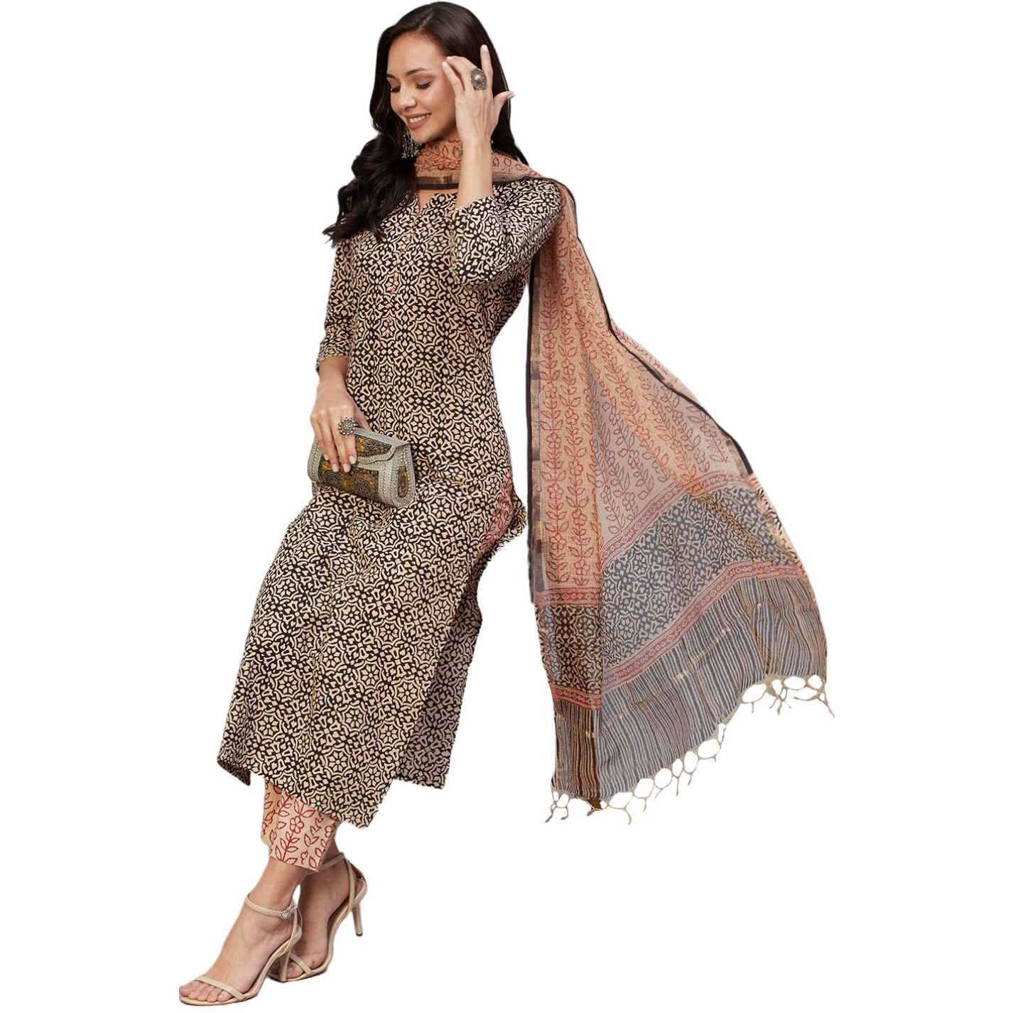 ANNI DESIGNER Women's Cotton Blend Straight Printed Kurta with Pant & Dupatta (Hand Black_3XL_Black_XXX-Large)