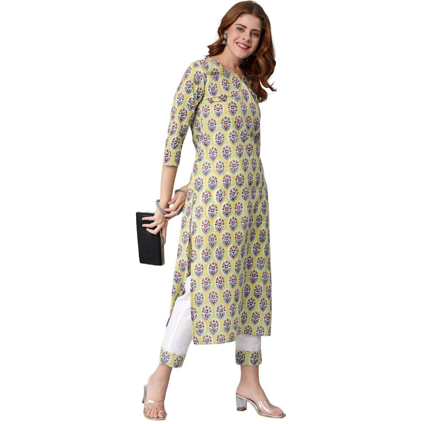 ANNI DESIGNER Women's Cotton Blend Traditional Straight Printed Kurta with Pant Set (Who Green_XL_Green_X-Large)