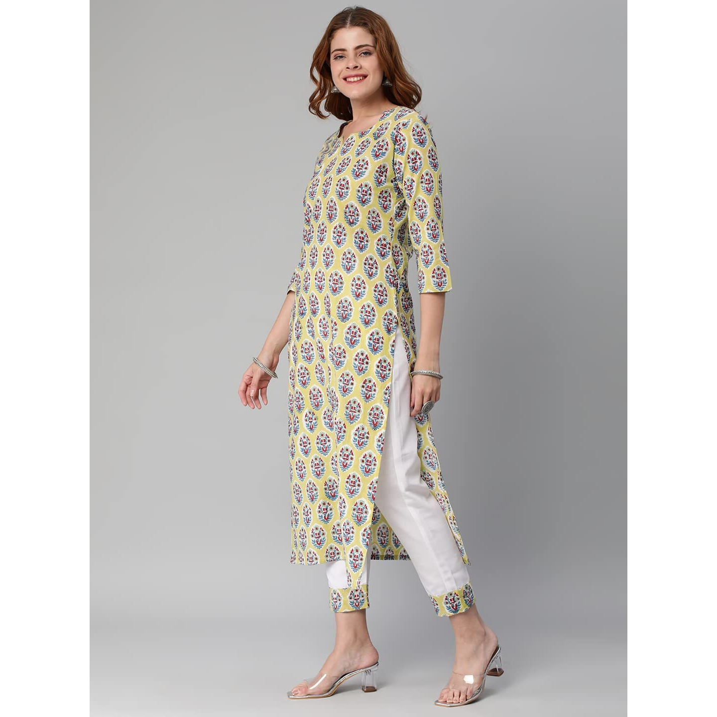 ANNI DESIGNER Women's Cotton Blend Traditional Straight Printed Kurta with Pant Set (Who Green_XL_Green_X-Large)