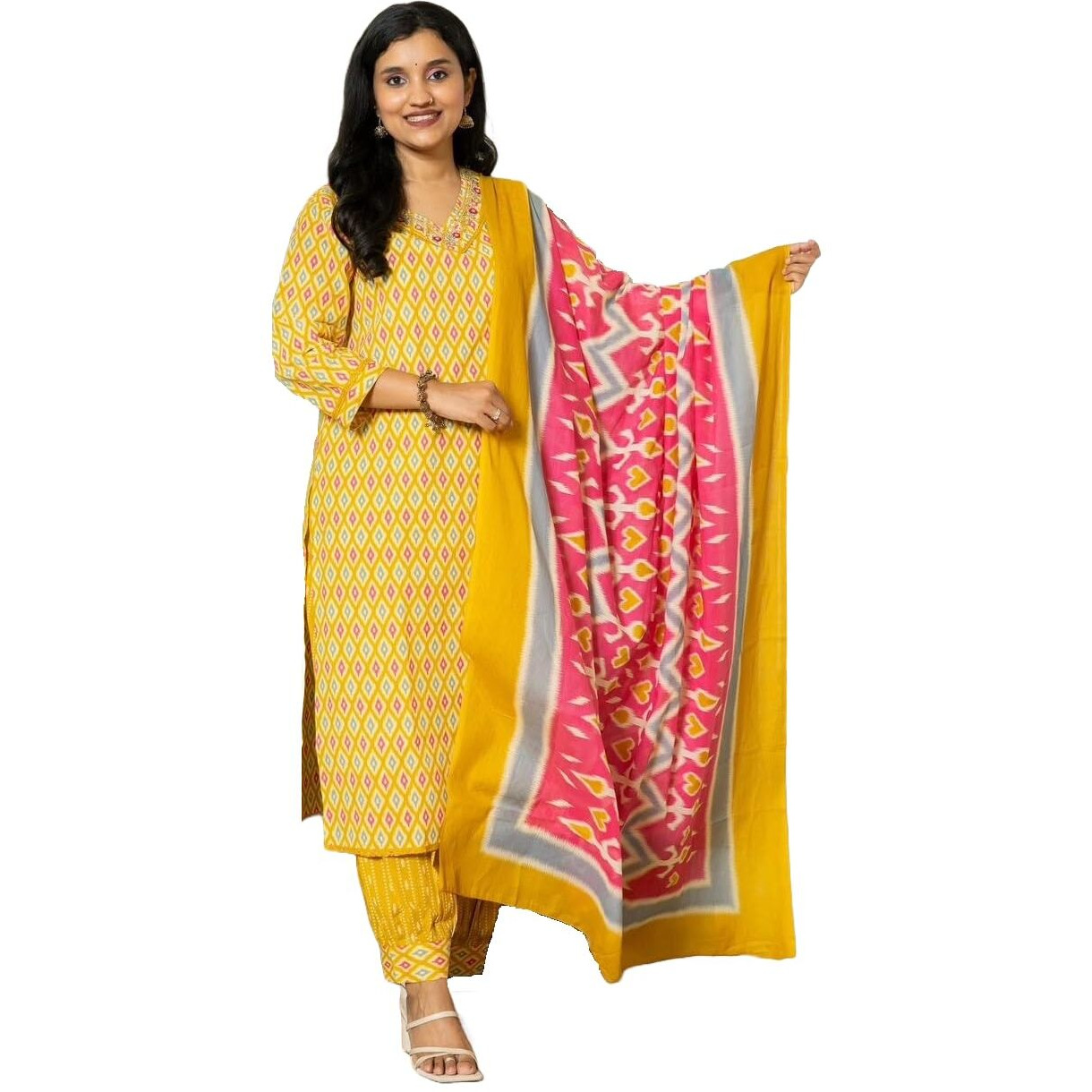 KLOSIA Women Printed Kurta and Afgani Pant Set with Dupatta (Medium) Orange