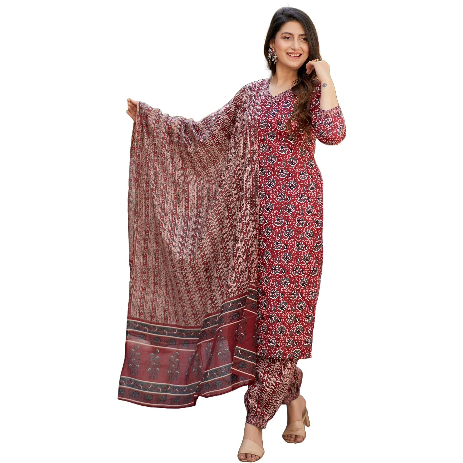 KLOSIA Women Straight Printed Kurta and Pant Set with Dupatta | Ethnic Set | Dupatta Set | Suit Set | Kurta Set | (Medium) Maroon