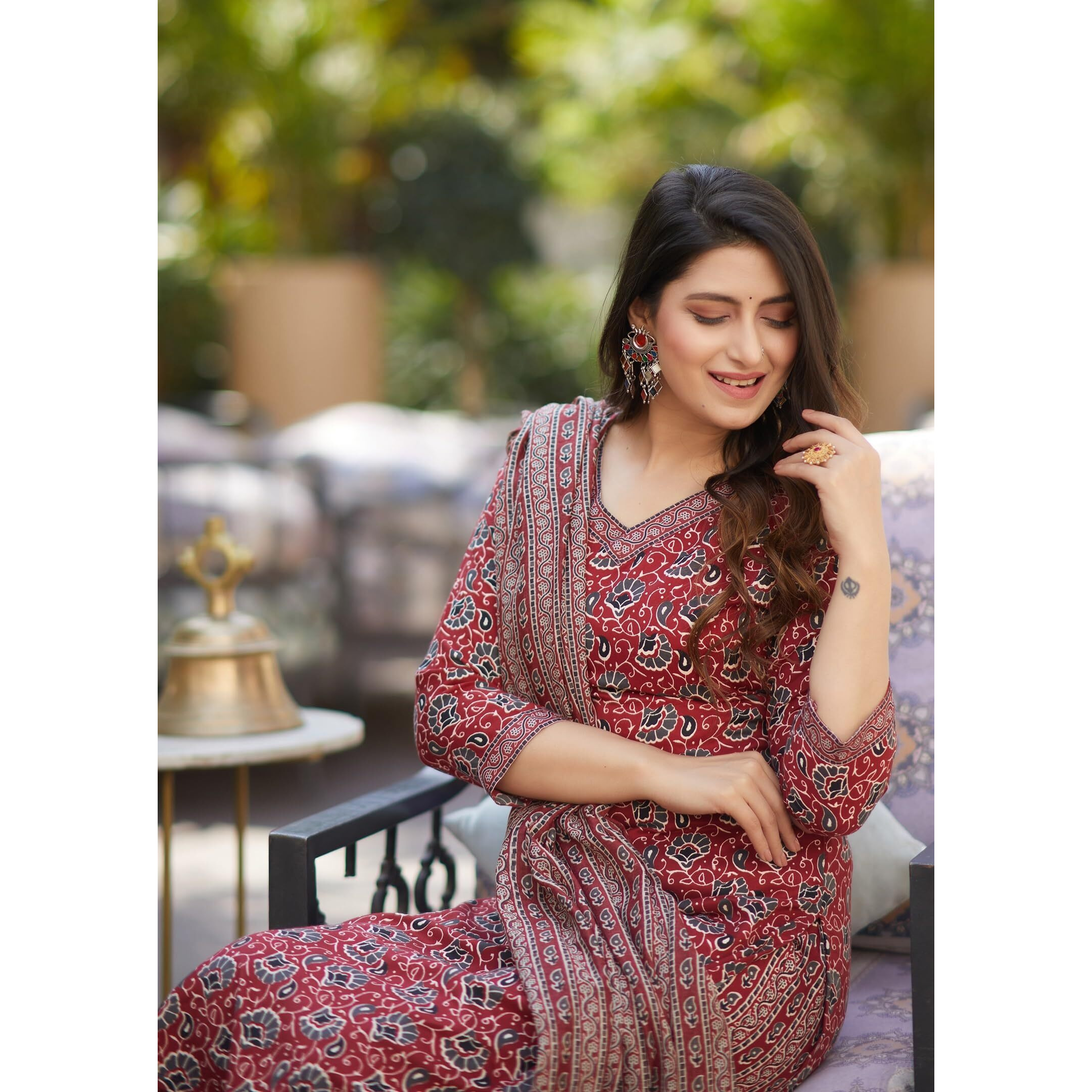 KLOSIA Women Straight Printed Kurta and Pant Set with Dupatta | Ethnic Set | Dupatta Set | Suit Set | Kurta Set | (Medium) Maroon