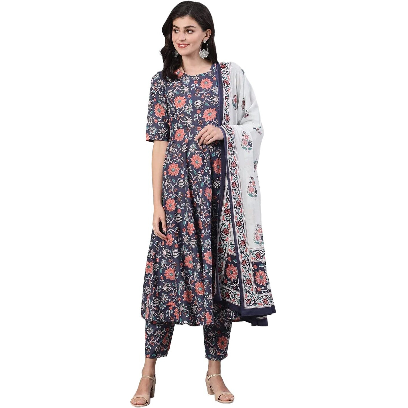 KLOSIA Women Floral Printed Kurta and Pant Set with Dupatta (XX-Large, Blue)