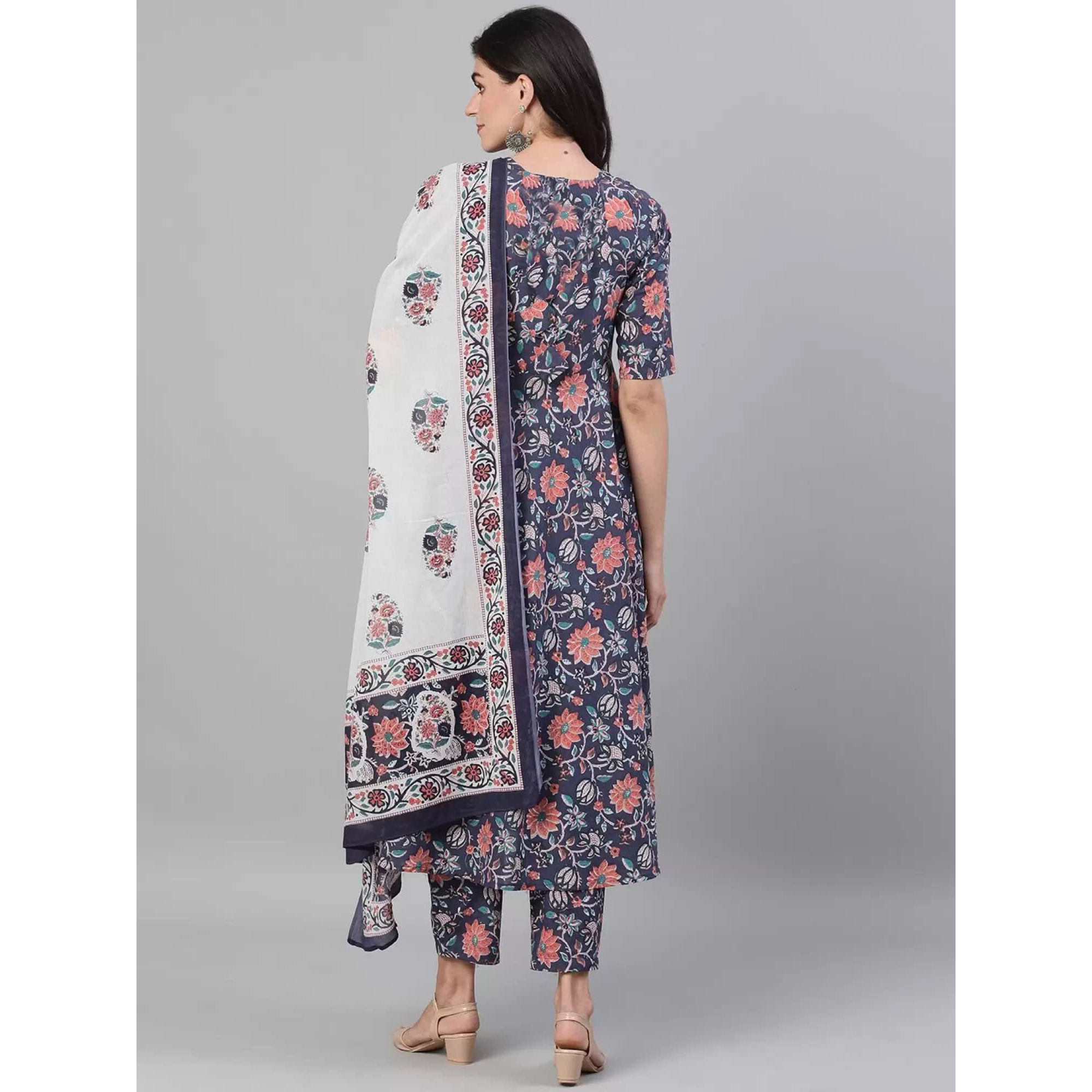 KLOSIA Women Floral Printed Kurta and Pant Set with Dupatta (XX-Large, Blue)