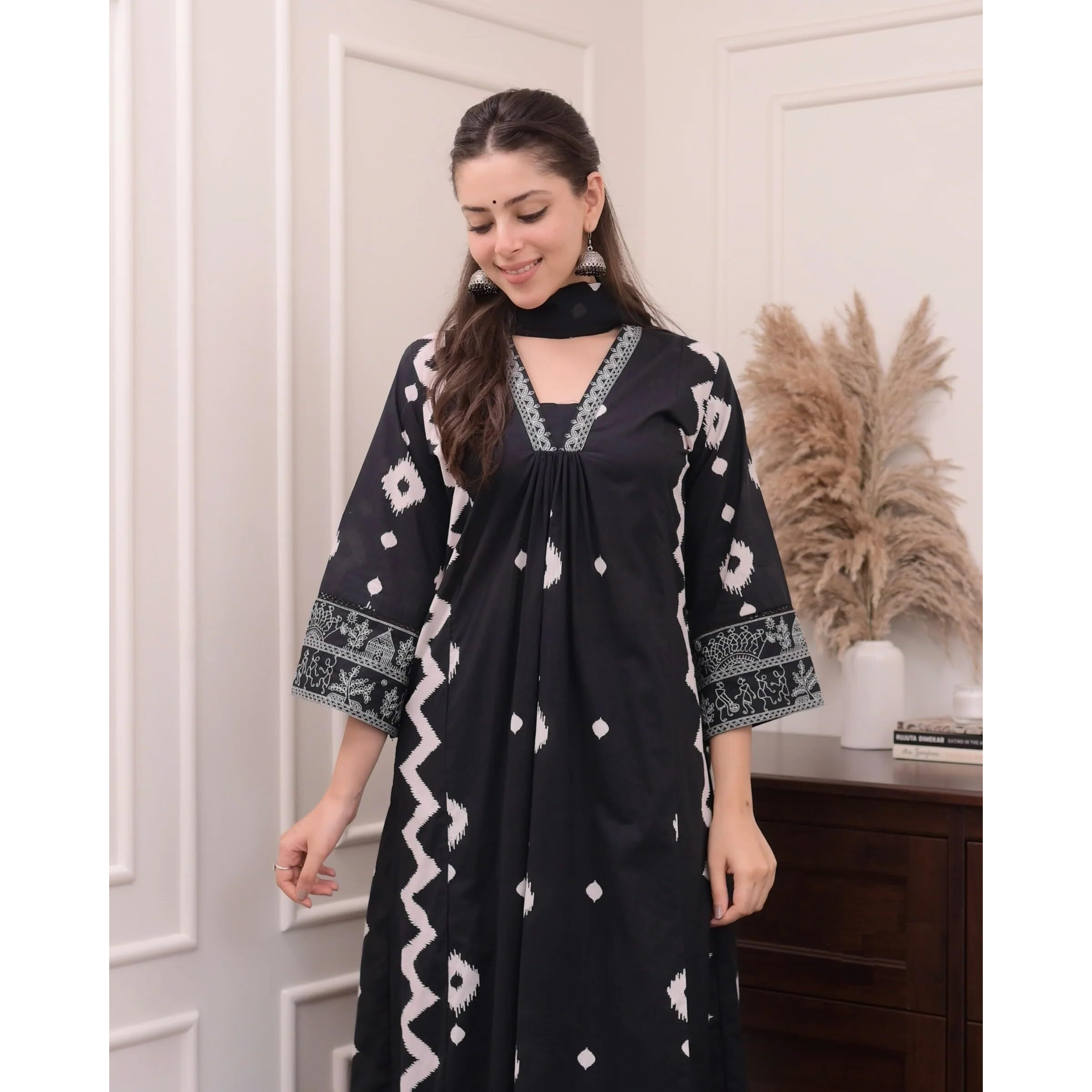 KLOSIA Women Printed A-Line Kurta and Pant Set with Dupatta | Ethnic Set | Kurta Set for Women | (in, Alpha, L, Black)