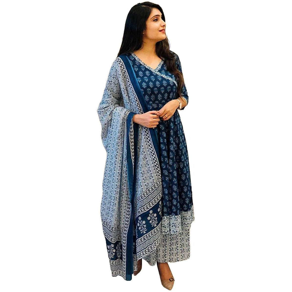 KLOSIA Women's Anarkali Kurta Pant and Dupatta Set (Large) Blue