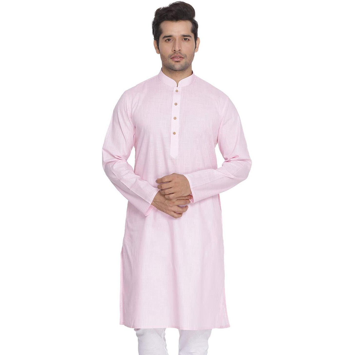 VASTRAMAY Mens Cotton Linen Light Pink Kurta - Timeless Elegance for Festivals & Events | Plain Solid Full Sleeves Mandarin Collar Kurta | Classic Design, Premium Comfort, and Versatile Style
