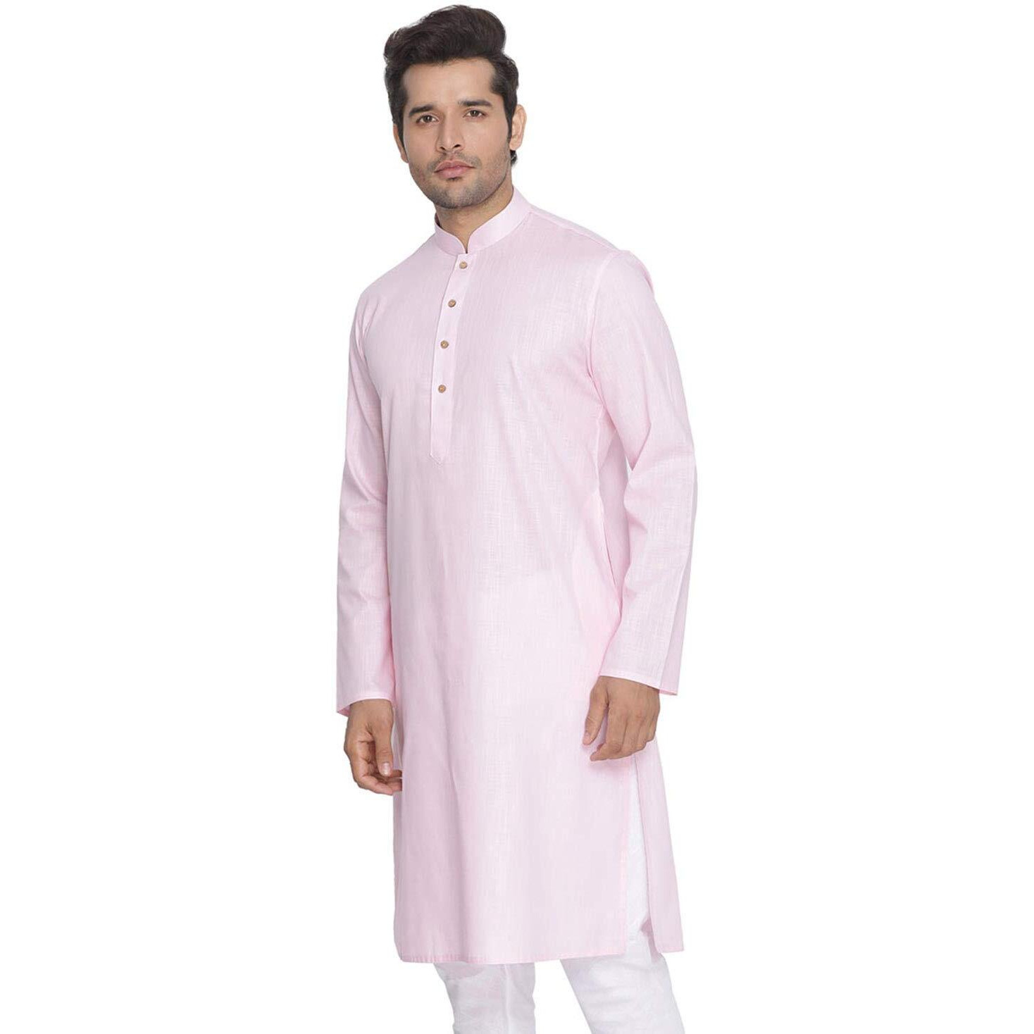 VASTRAMAY Mens Cotton Linen Light Pink Kurta - Timeless Elegance for Festivals & Events | Plain Solid Full Sleeves Mandarin Collar Kurta | Classic Design, Premium Comfort, and Versatile Style