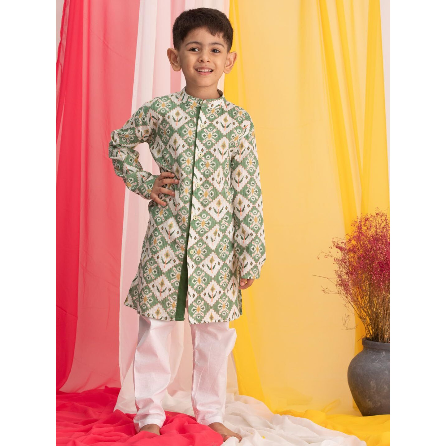 VASTRAMAY Boys' Green And White Kurta Pyjama Set_VASBK186GNnPWH_20