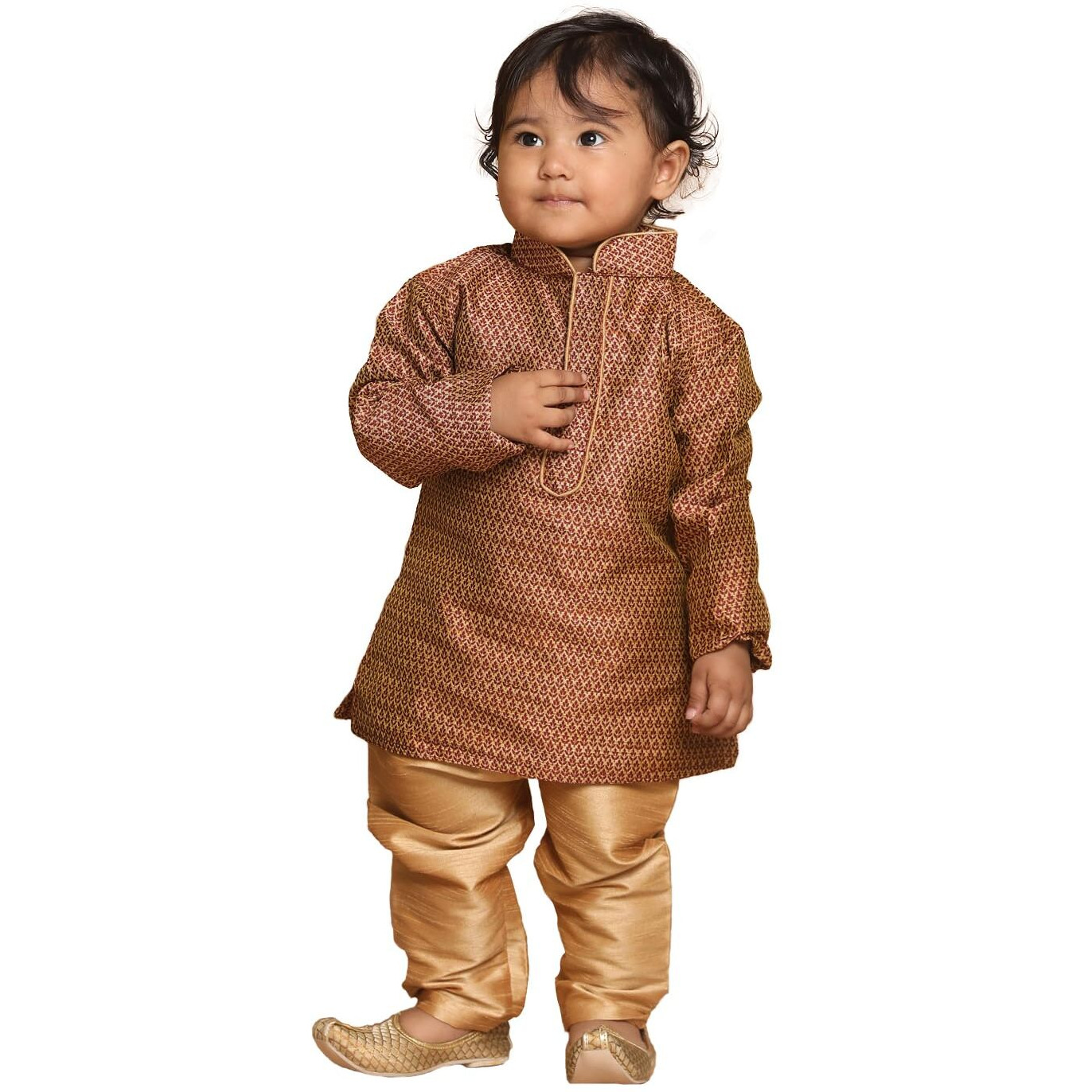 VASTRAMAY Infant Boys Maroon and Rose Gold Silk Blend Kurta Pyjama Set_VSHISBK047MAnPRG_16