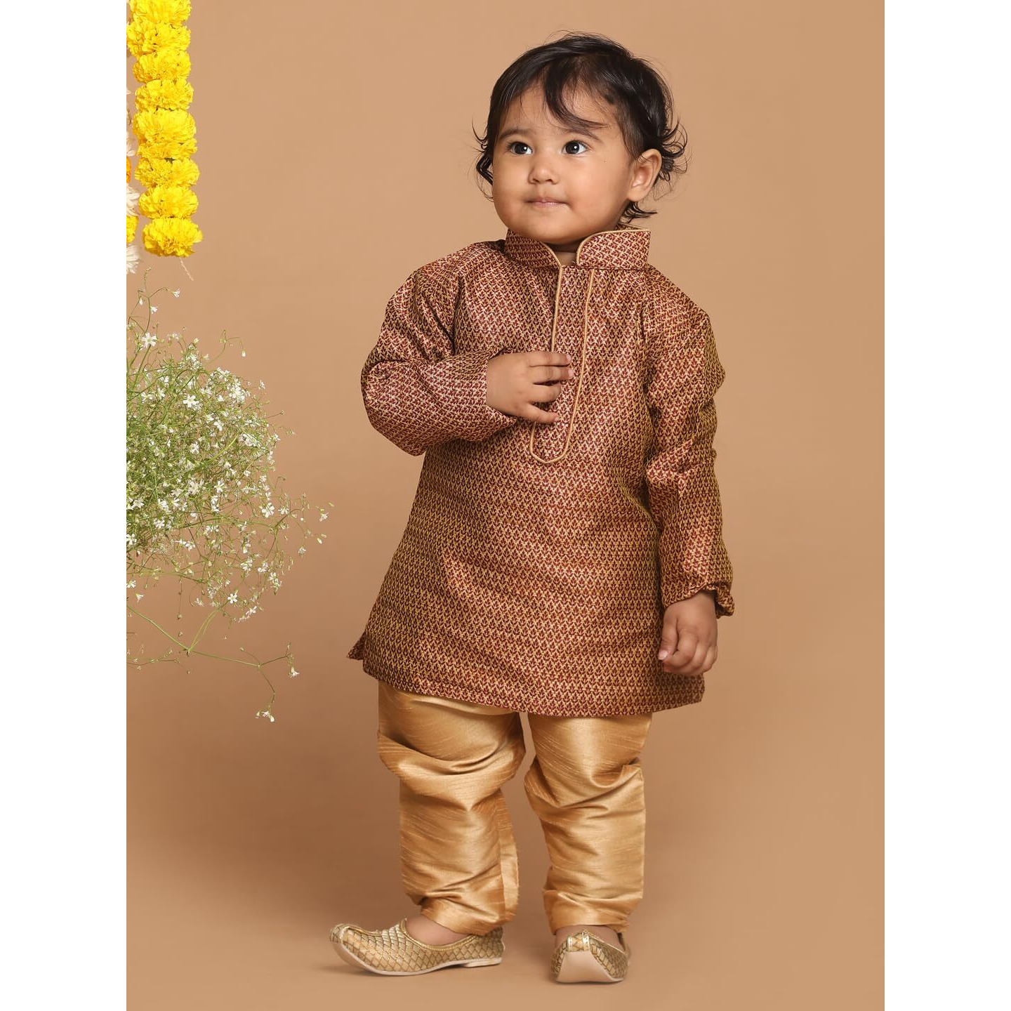 VASTRAMAY Infant Boys Maroon and Rose Gold Silk Blend Kurta Pyjama Set_VSHISBK047MAnPRG_16
