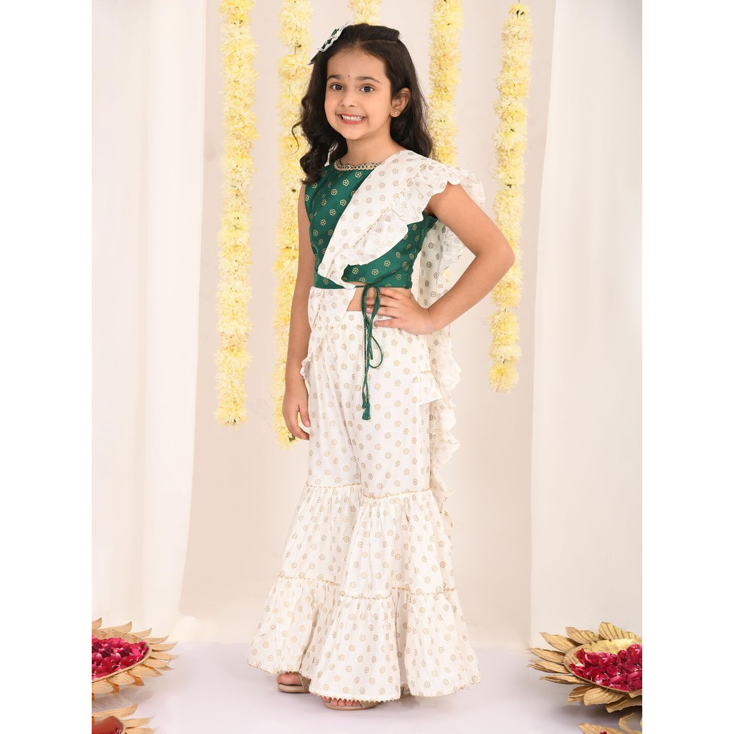 VASTRAMAY Girls' Green And Cream Palazzo Set_VASGT006GNnPL003CR_26