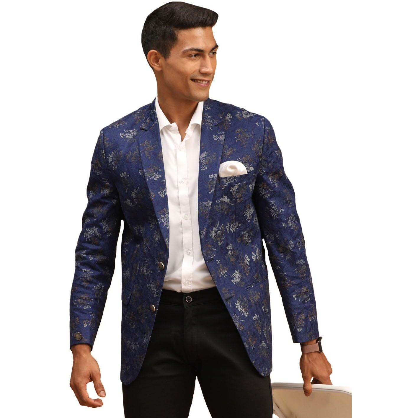 VASTRAMAY Men's Navy Blue Jaquared Blazer_VASMCT006NB_42