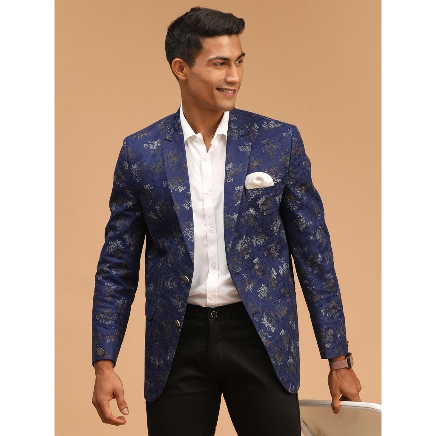 VASTRAMAY Men's Navy Blue Jaquared Blazer_VASMCT006NB_42