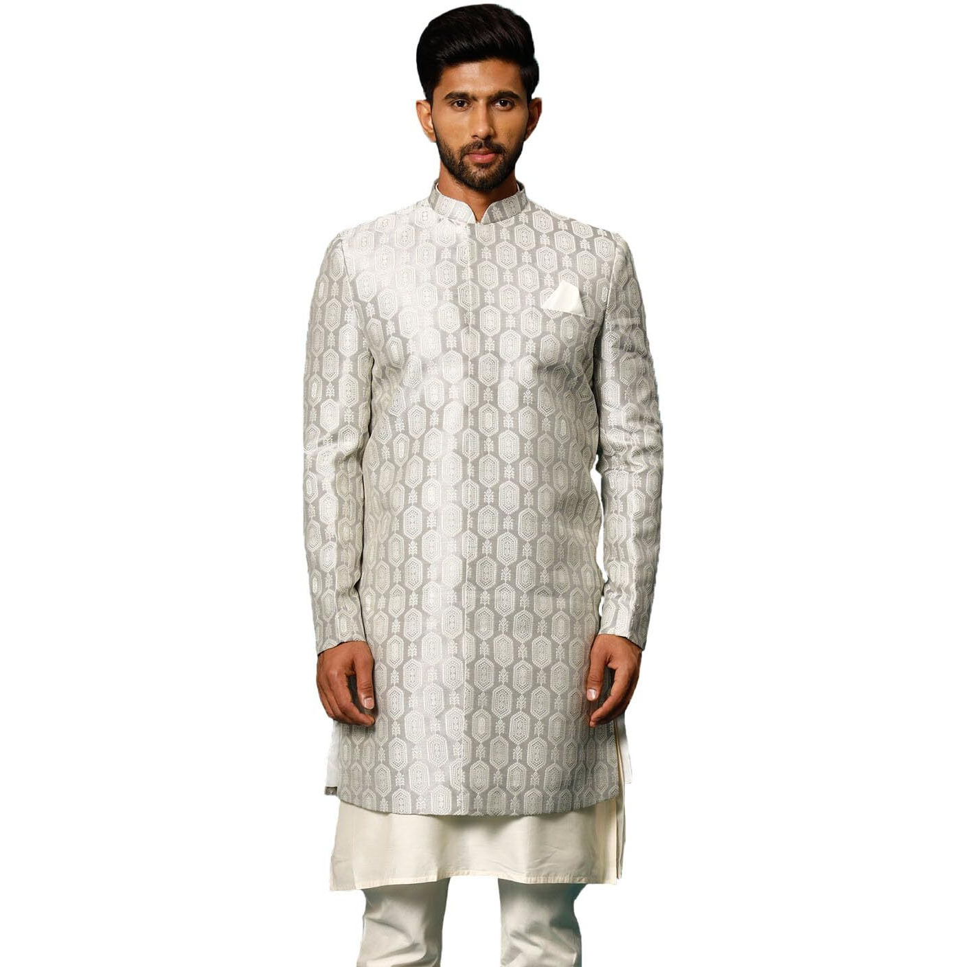 VASTRAMAY Men's Grey Silk Blend Sherwani Only Top_VASMIW252GY_40