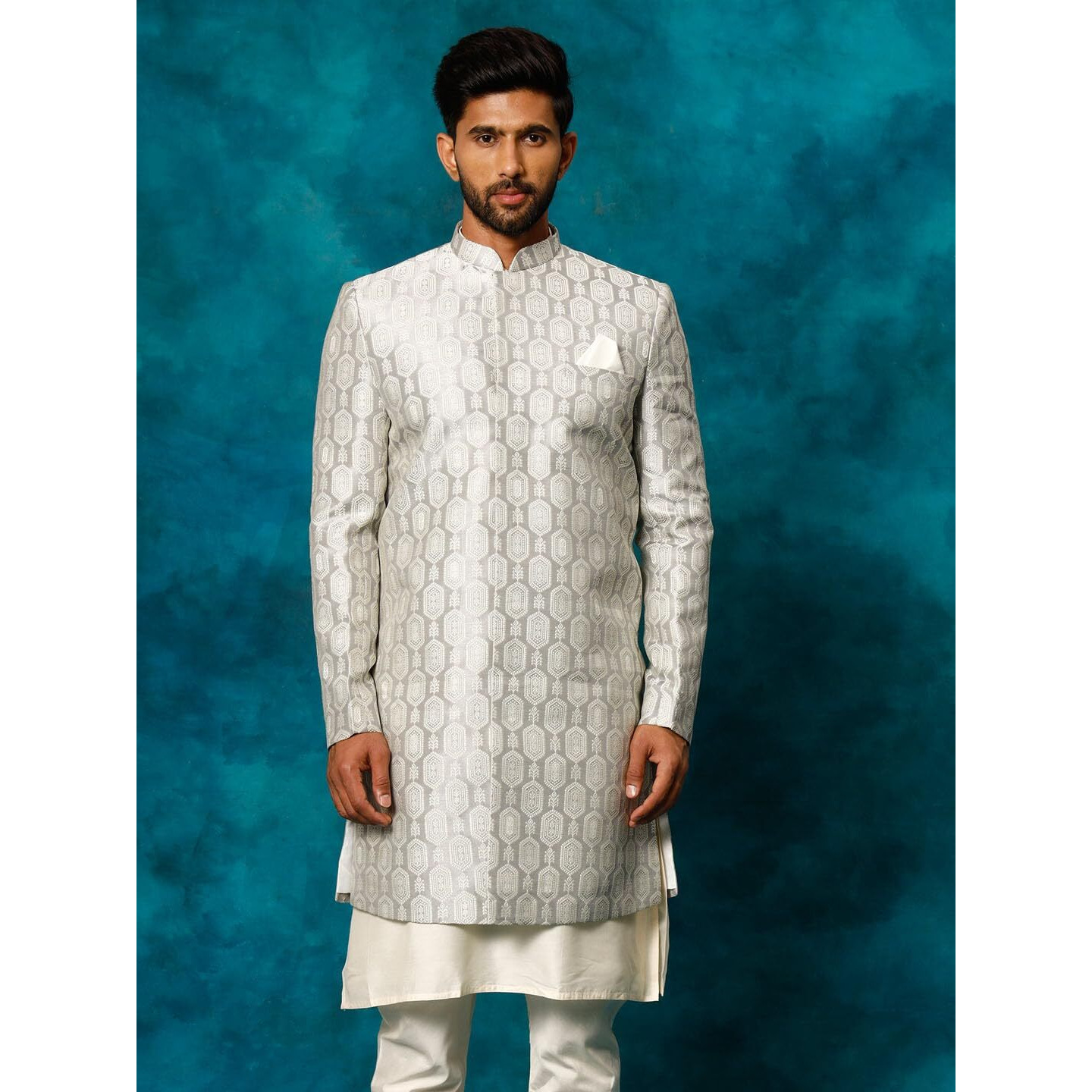 VASTRAMAY Men's Grey Silk Blend Sherwani Only Top_VASMIW252GY_40