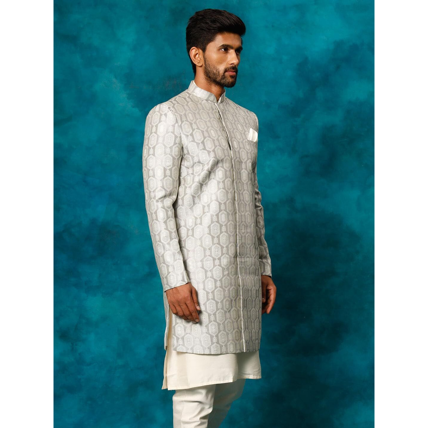 VASTRAMAY Men's Grey Silk Blend Sherwani Only Top_VASMIW252GY_40