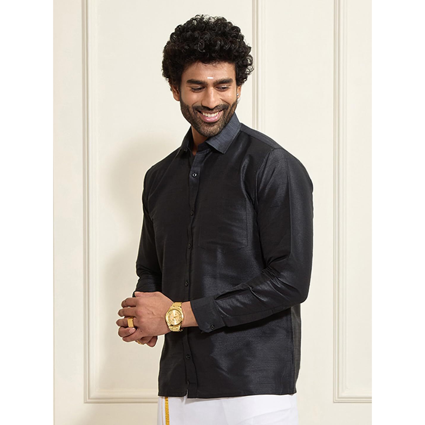 VASTRAMAY VM Mens Silk Blend Black Shirt - Effortless Style for Everyday Comfort | Ethnic South Indian Silk Shirt Full Sleeves | Modern Designs and Contemporary Fit_VASMSH002BL_48