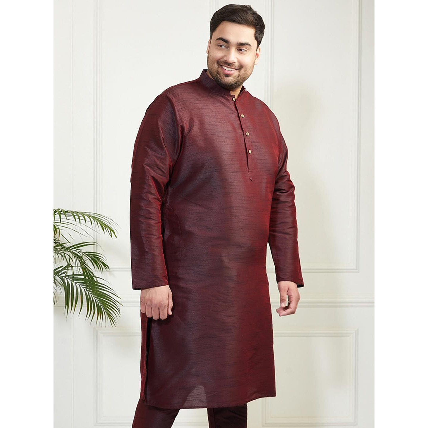 VASTRAMAY Plus Men's Wine Silk Blend Kurta (VPLUSMK001WN_48)