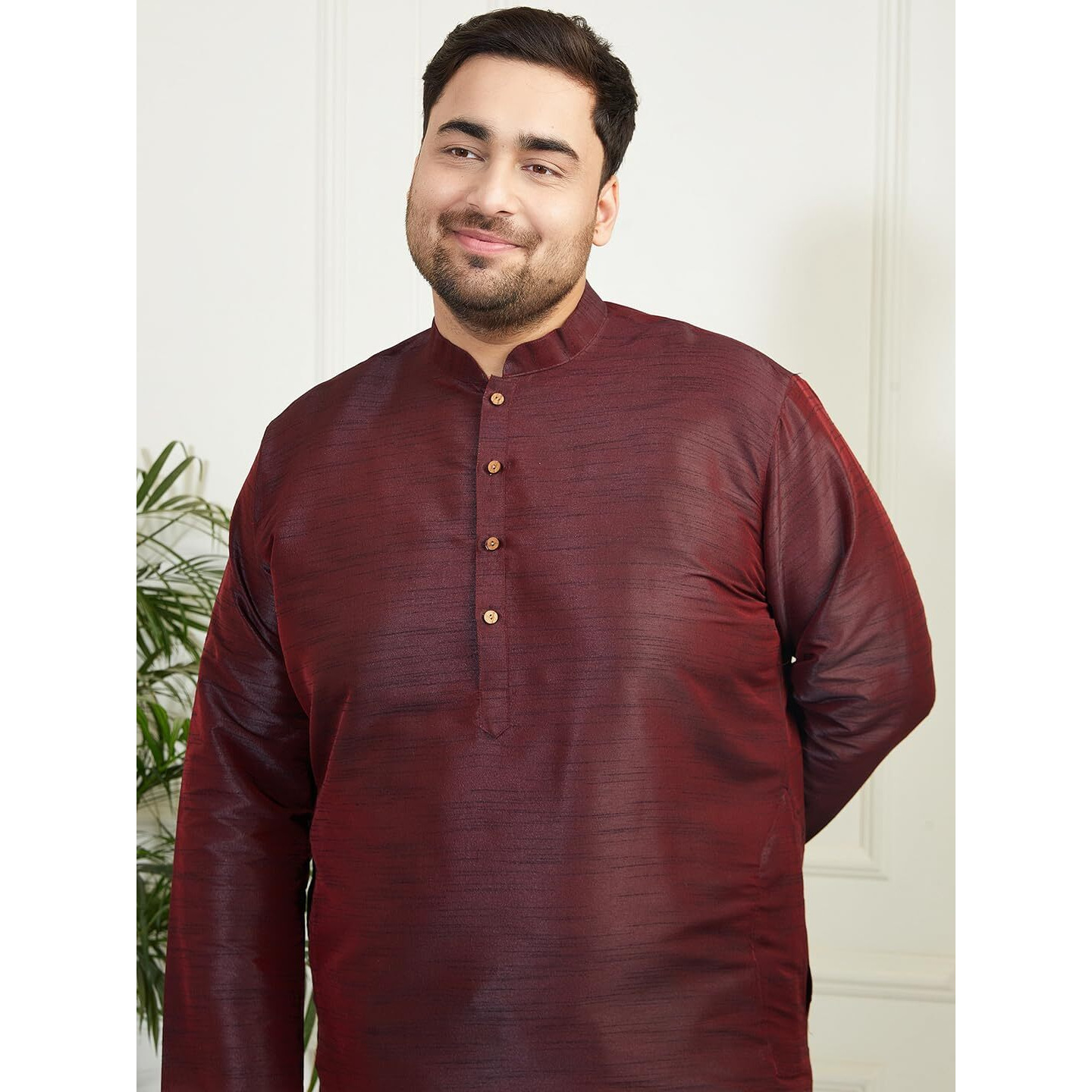 VASTRAMAY Plus Men's Wine Silk Blend Kurta (VPLUSMK001WN_48)