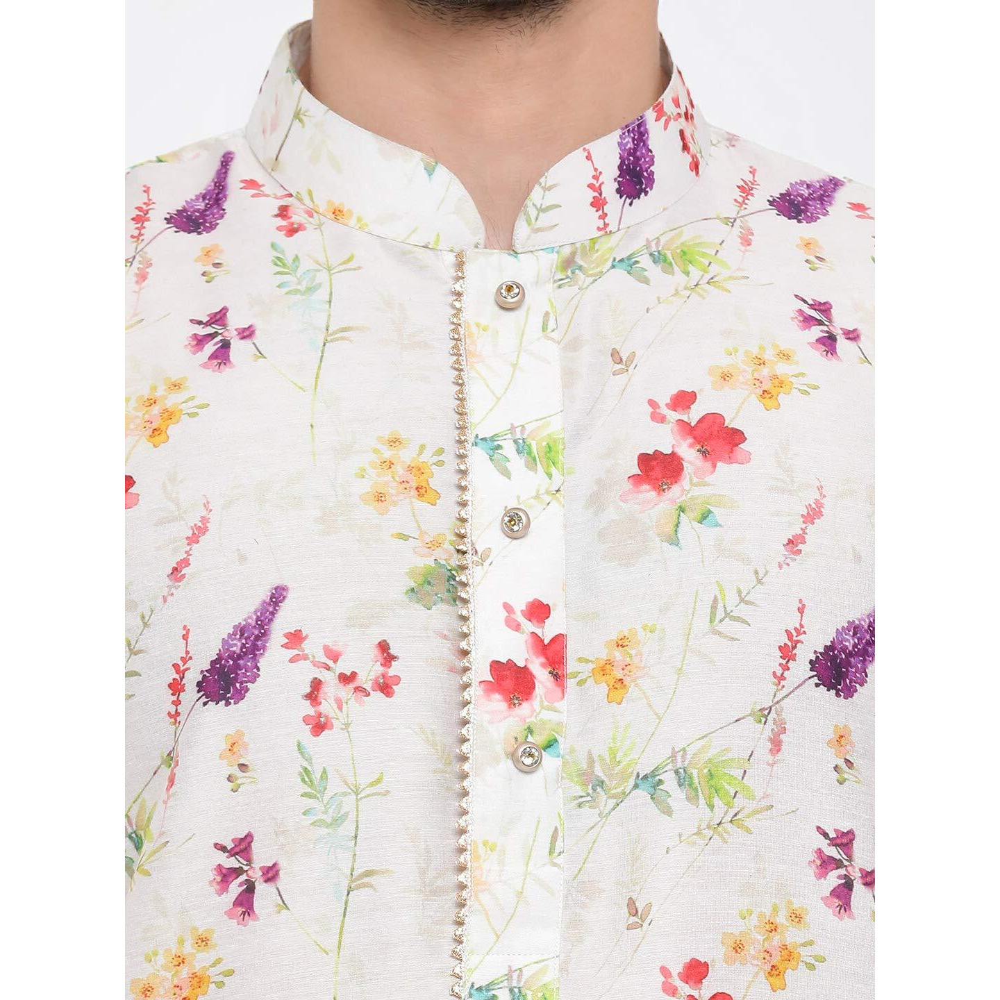 VASTRAMAY Men's Cream Cotton Blend Kurta Pyjama Set | Perfect Spring Edit Floral Design Digitally Printed Kurta With Bling Buttons And Singara Border Along With Relaxed Pyjama.