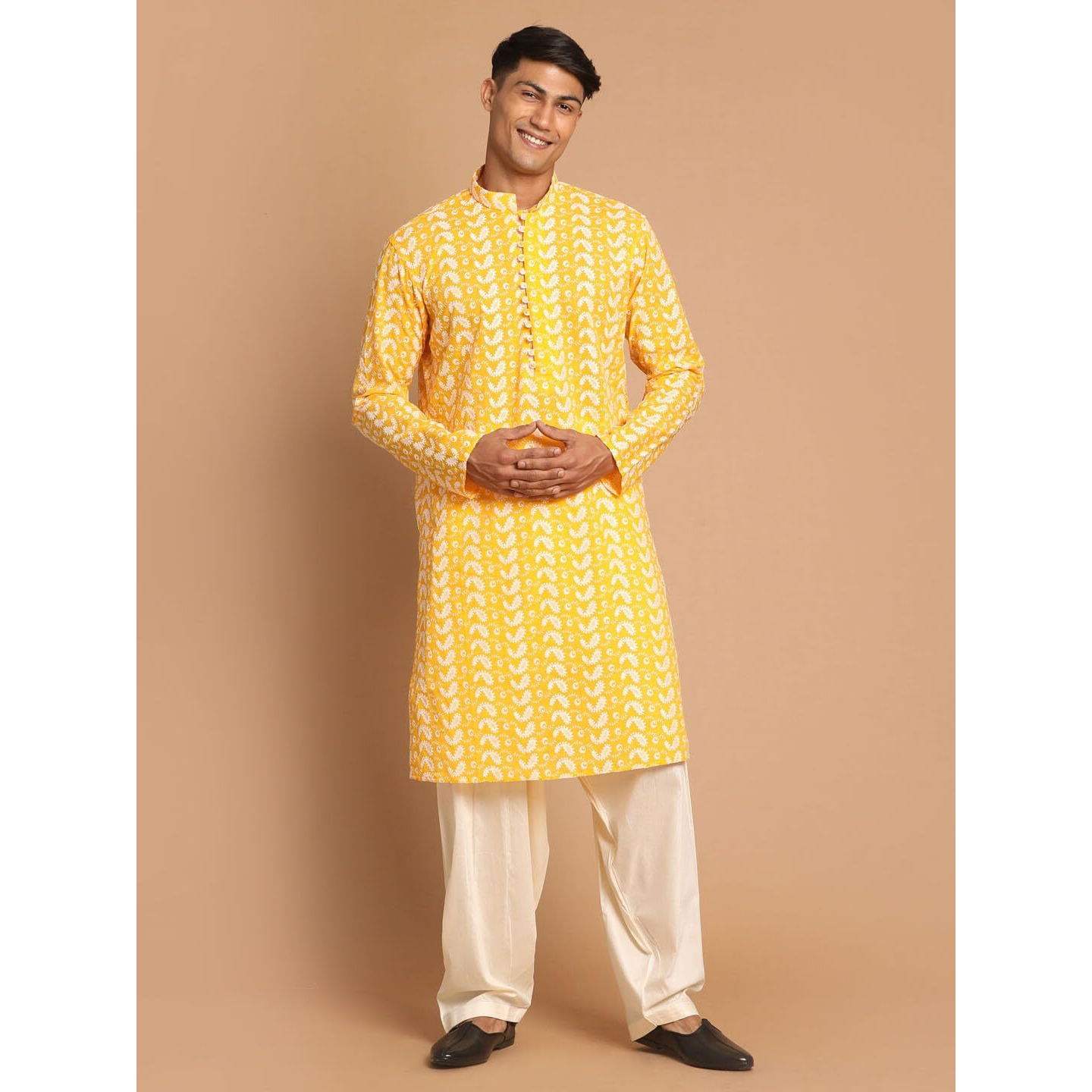 VASTRAMAY Men's Orange And Cream Pure Cotton Kurta and Patiala Set_VASMK094ORnPTYCR_40