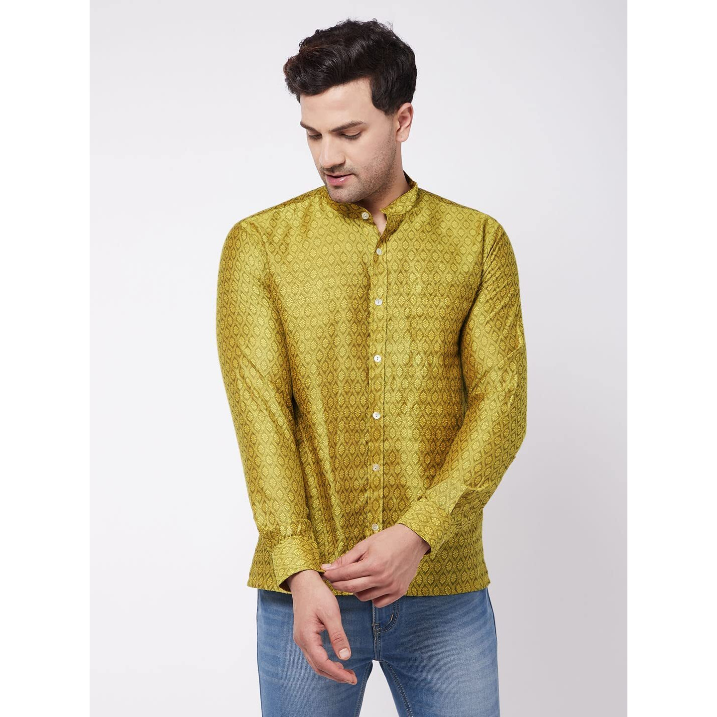 VASTRAMAY Men's Mustard Yellow Silk Blend Ethnic Shirt_VASMSH006YW_40