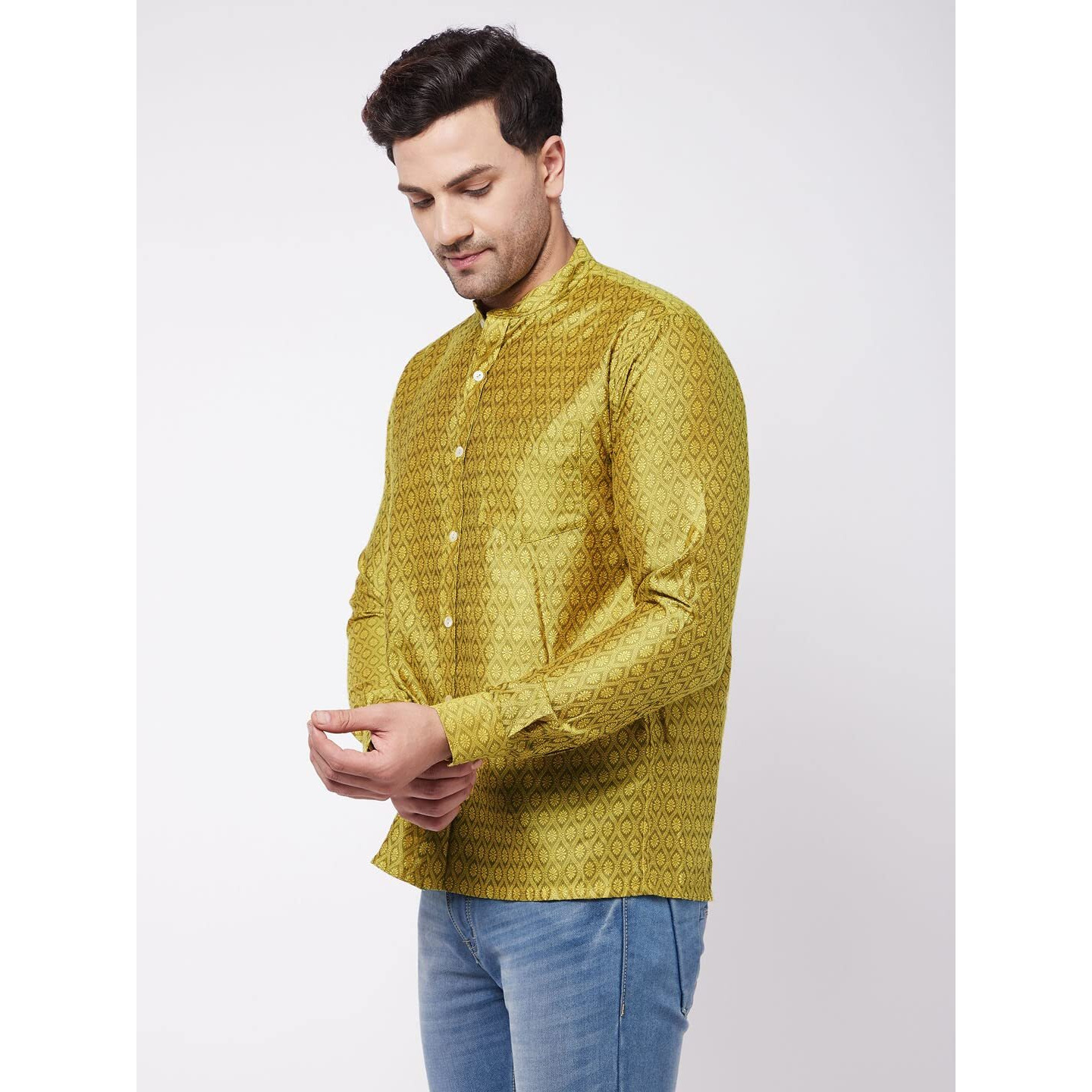 VASTRAMAY Men's Mustard Yellow Silk Blend Ethnic Shirt_VASMSH006YW_40