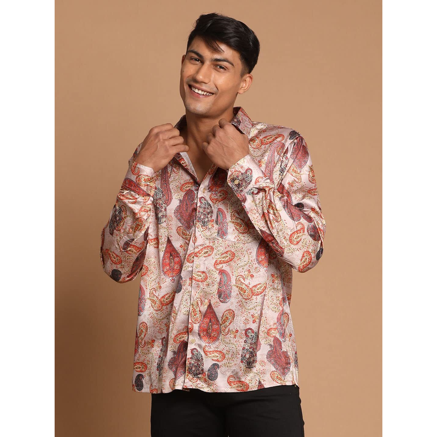 VASTRAMAY Men's Multicolored-Base-Brown Satin Ethnic Shirt_VASMSH018CH_42