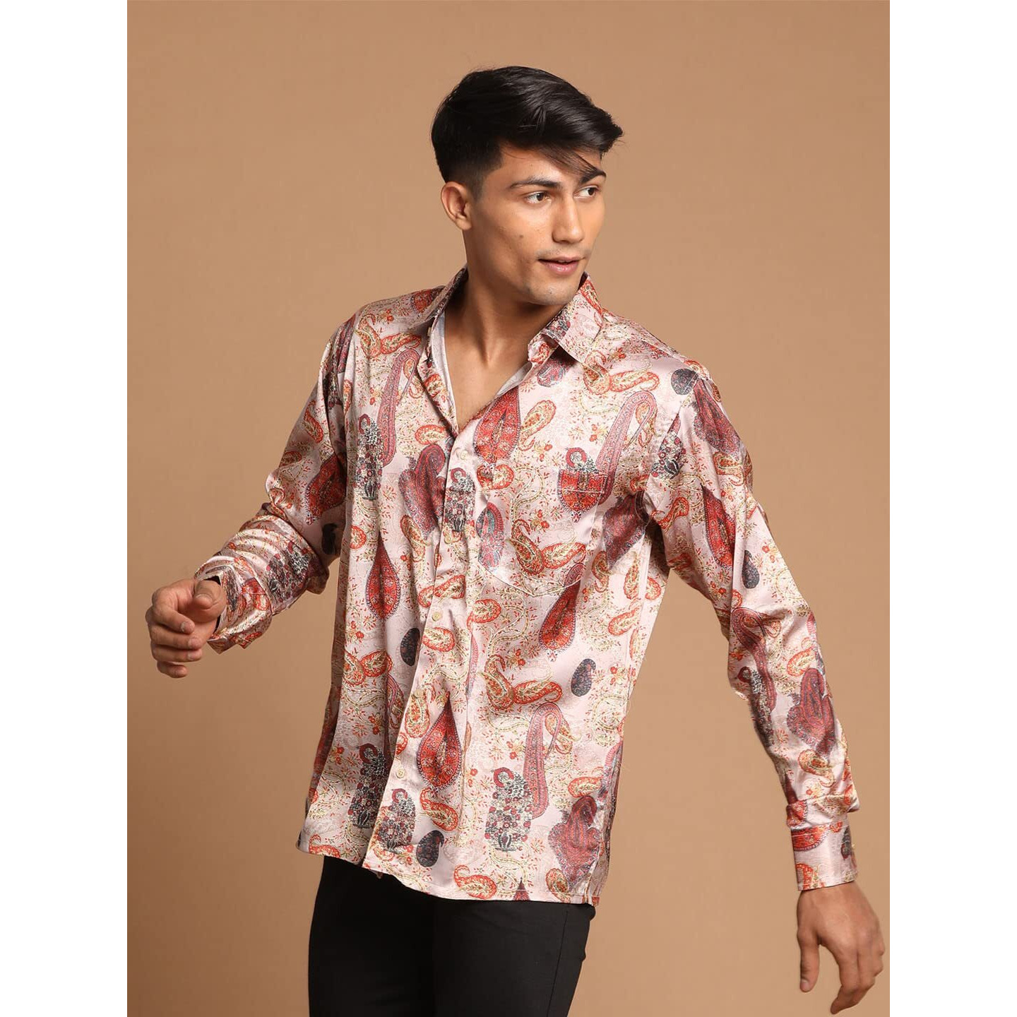 VASTRAMAY Men's Multicolored-Base-Brown Satin Ethnic Shirt_VASMSH018CH_42