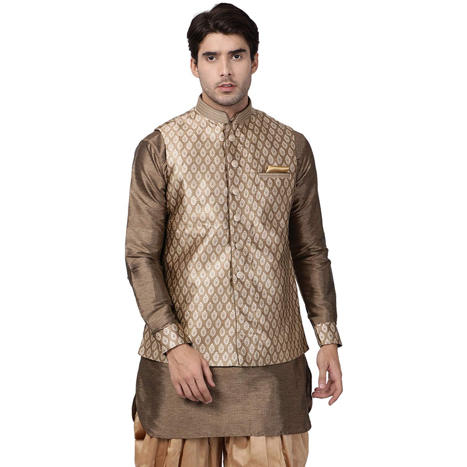 VASTRAMAY Men's Gold Cotton Silk Blend Ethnic Jacket_VASMJ025GO_44