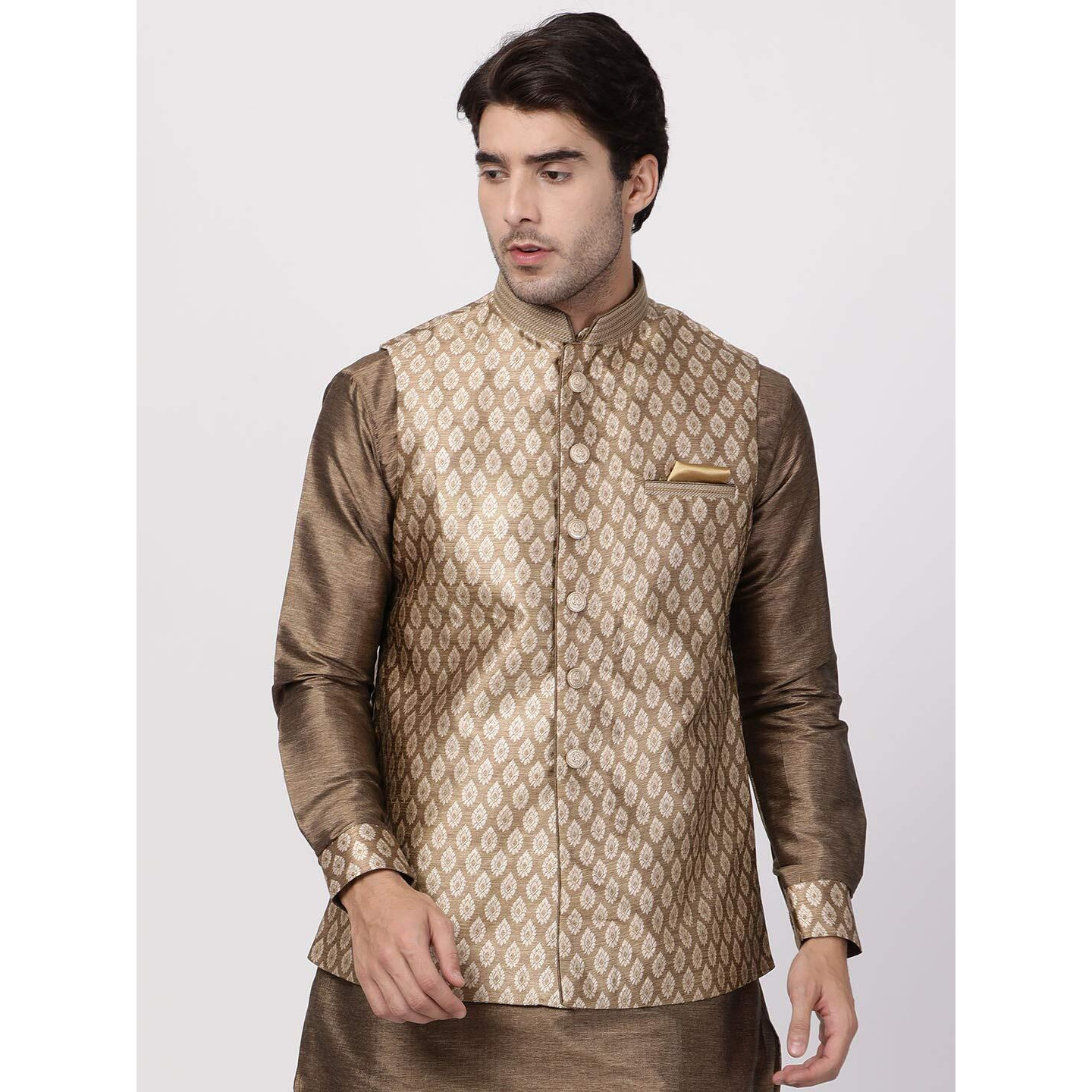 VASTRAMAY Men's Gold Cotton Silk Blend Ethnic Jacket_VASMJ025GO_44