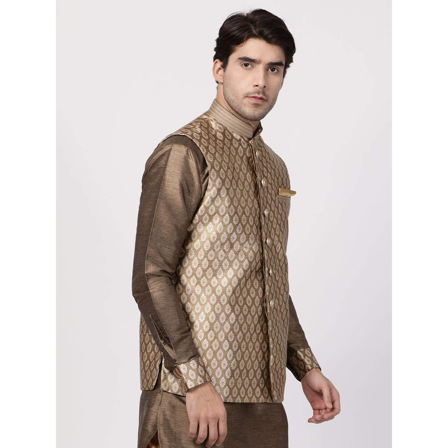 VASTRAMAY Men's Gold Cotton Silk Blend Ethnic Jacket_VASMJ025GO_44
