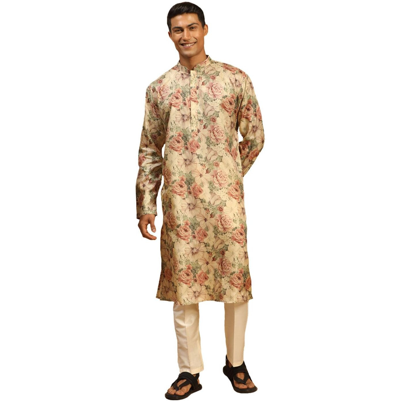 VASTRAMAY Men's Silk Mix Cream Kurta And Brown Pyjama Set_VASMK159nPANT002CR_38