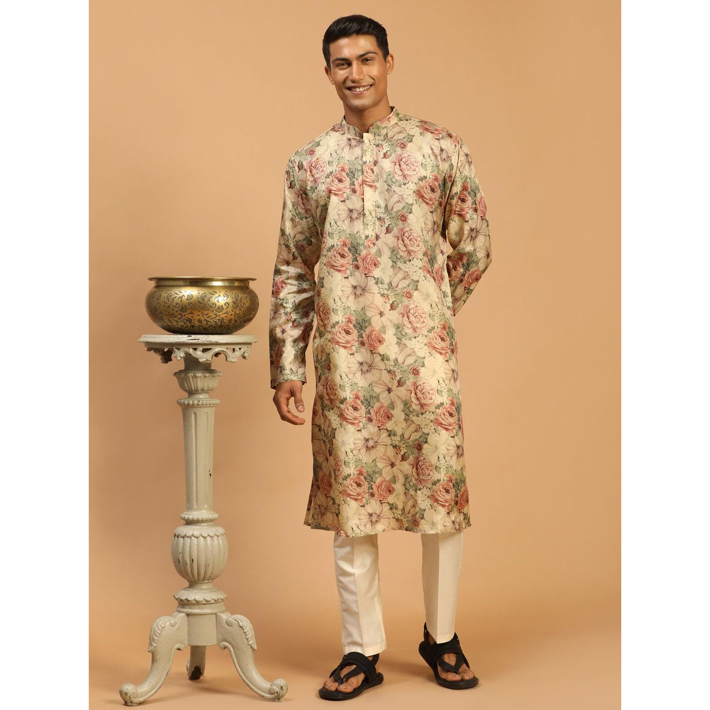 VASTRAMAY Men's Silk Mix Cream Kurta And Brown Pyjama Set_VASMK159nPANT002CR_38